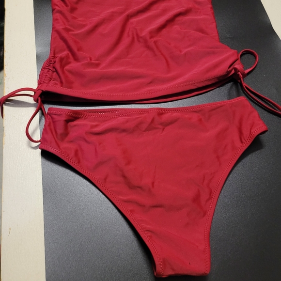Solid Tummy Control Drawstring Side Tankini Set Red - Picture 6 of 13